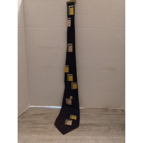Vintage Beau Brummell Rayon Tie With Yellow & Beige Square Pattern - Picture 1 of 4